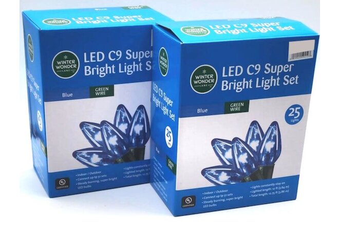 2 Blue LED C9 Light Set-String Lights-Winter Wonder Lane Lot of 2=50 lights New