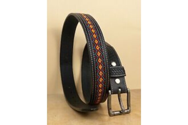 Full Grain Leather Hand Tooled Western Belt Cowboy Rodeo Beaded Removable Buckle
