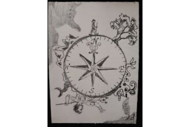 ACEO Graphite Drawing Compass Rose Fantasy Creatures Artwork Miniature