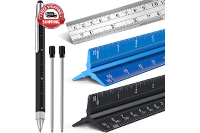 12 Inch Architectural and Engineering Scale Ruler Set, Aluminum Triangular Draft