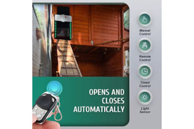 Coop Door Opener for Chickens Ducks More w Light Sensor Timer 2 Remote Controls