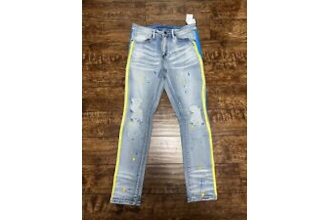 Rue21 Mens Supreme Flex Jeans 32 x 30 Blue & Yellow Stripes NWT