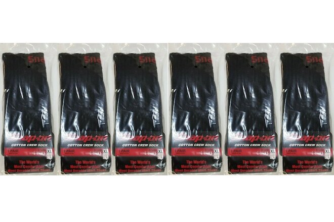 6 PAIRS Snap-On Crew Socks Men's BLACK X-LARGE *FREE SHIPPING* MADE IN USA *NEW*
