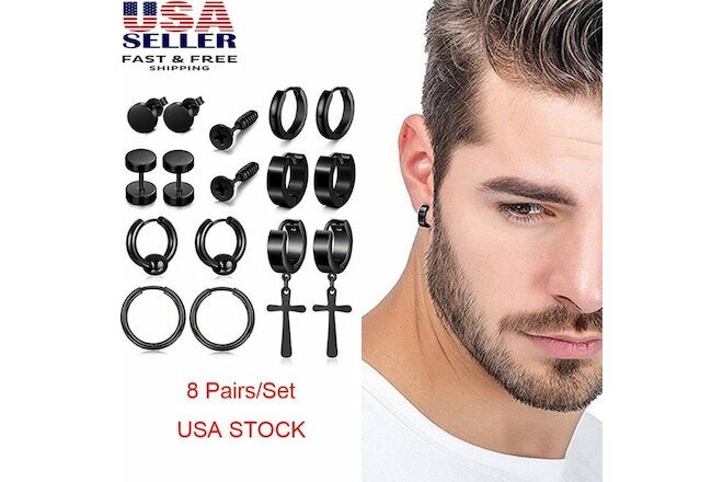 8 Pairs Stainless Steel Punk Black Earrings Stud Piercing Men Hoop Gothic Unisex