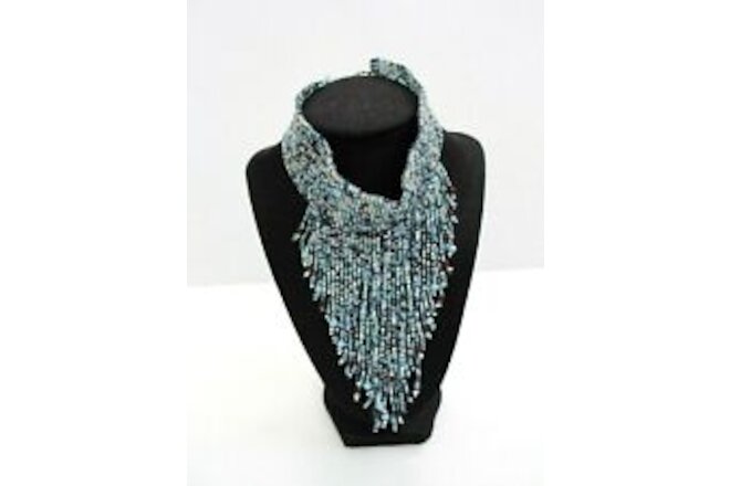 Handmade Beaded Boho Elastic Choker Waterfall Bib Tassel Necklace Light Blue