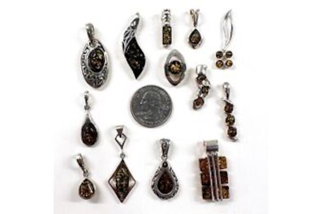 925 Solid Sterling Silver Baltic Amber Clean Shiny Quality Pendants Lot 38 g