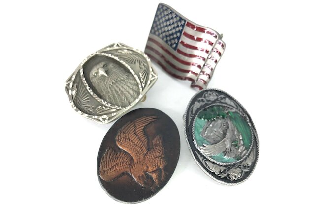 Lot of 4 Patriot Belt Buckles: Leather+Silver Eagle/Enamel Scenic Eagle/US Flag