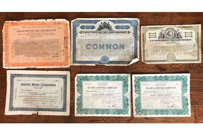 6 Stock Certificates Saxon Motor General Mines Idaho Copper Co US Food Product