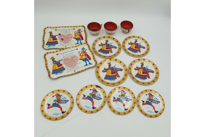 Vintage 1960's 13 Piece Litho Tin Tea Set Queen of Hearts Toy Metal Cups Plates