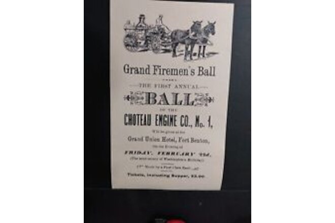 FORT BENTON MONTANA TERRITORY ADVERTISING 1880s Fire Engine Firemen's Ball