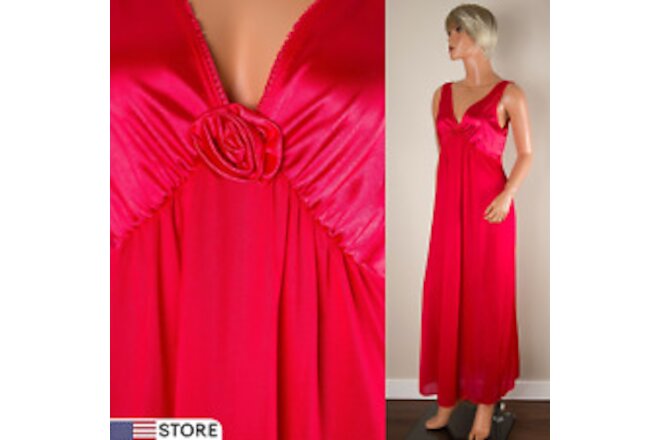 💖 VASSARETTE VTG Red Long Nightgown Slip Dress Silky Nylon Spandex M NWT USA