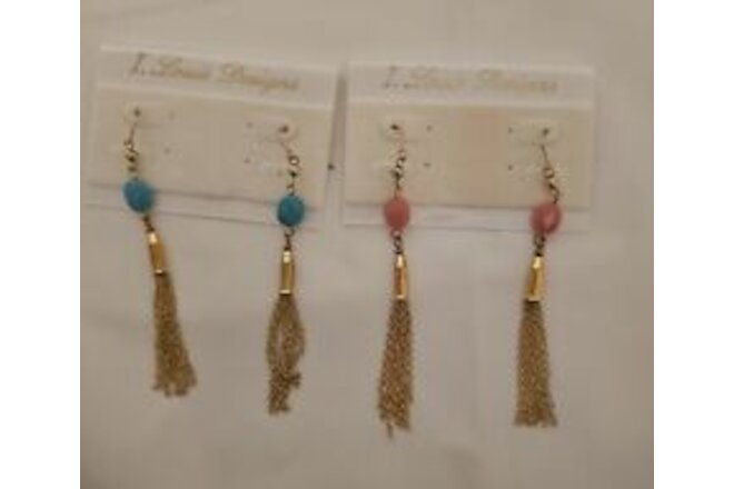 I. Louis Designs 2 Pr NOS Earrings Dangle Gold-tone Blue And Pink