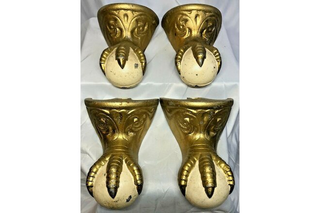 Antique Set of 4 Victorian Cast Iron Claw Foot Feet Bathtub Gold Cream Ornate