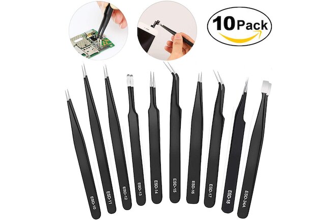 10 x ESD Precision Anti static Tweezers Set Stainless Steel Tool for Electronics