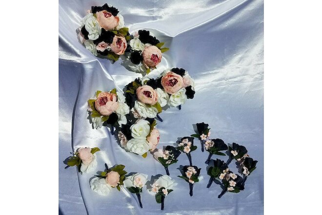 19 Pc Wedding Bouquet Pkg, Ivory, Navy Blue Roses, Blush Peony, Navy & Pink