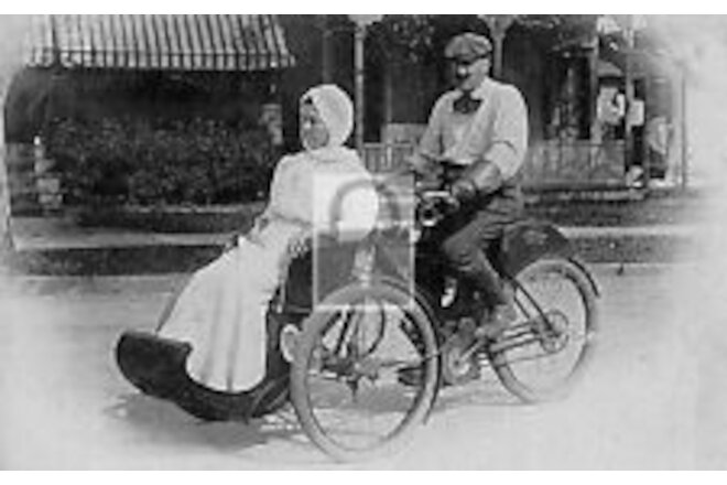 Couple Riding Indian Motorcycle With Sidecar Postcard REPRINT