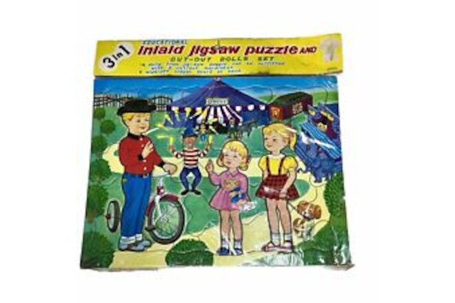 Rare 3 in 1 inlaid Jigsaw Circus Puzzle Cut Out Dolls Set Crayon Board Vintage