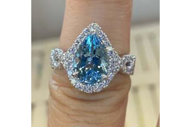 2Ct Pear Lab Created Blue Topaz Halo Wedding Ring 14k White Gold Plated Silver