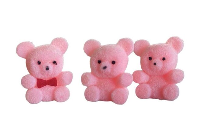 Vintage Flocked Fuzzy Plastic Pink Teddy Bear Miniatures  3