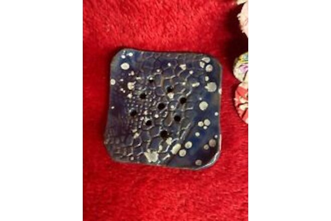 Handmade Pottery Snakeskin Texture Soapdish Navy with Speckles Squarish
