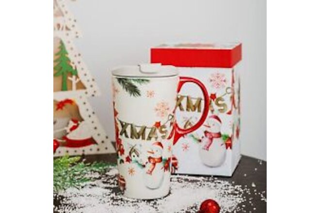 Christmas Ceramic Travel Mug Porcelain Coffee Cup with Spill-proof Lid and Bo...
