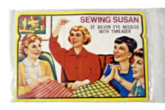 Vintage Sewing Susan 21 Silver Eye Needles w Threader Original Package - 1970's