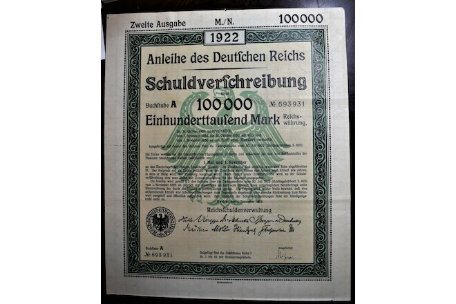 GERMAN 1922 Anleihe des Deutfchen Reichs Schuldverfchreibung - 100,000 Mark Bond