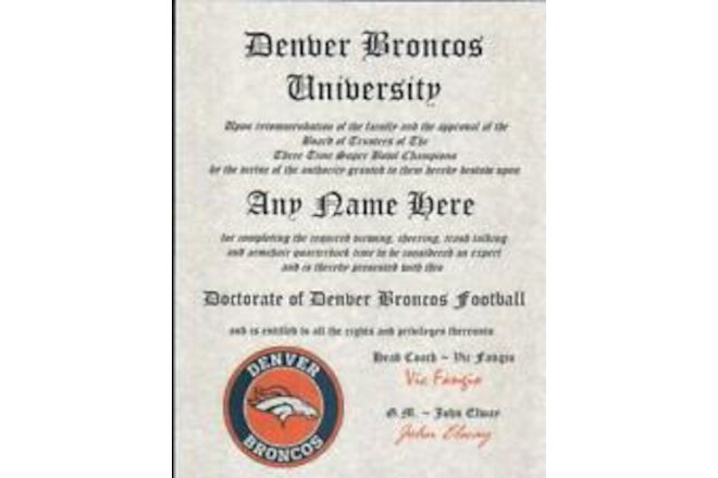 DENVER BRONCOS FAN   CERTIFICATE   DIPLOMA   GIFT  MAN CAVE   GREAT GIFT