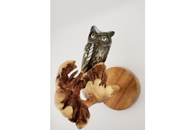 Wood Carved Owl on Tree Branch Wall Art Bird Sculpture