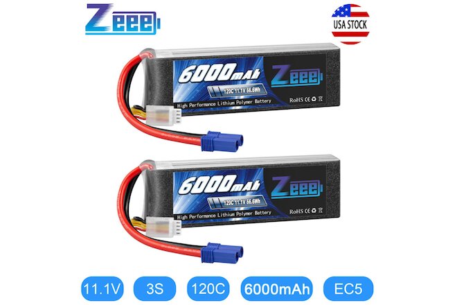 2x Zeee 11.1V 120C 6000mAh EC5 3S LiPo Battery for RC Car Helicopter Quadcopter