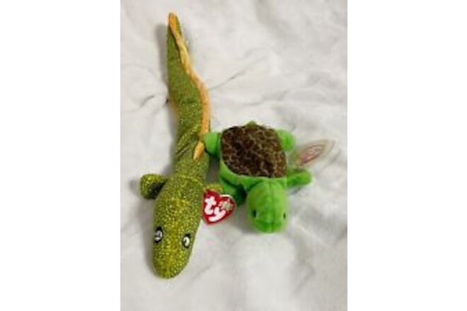 Ty Beanie Babies Retired Brown Morrie the Eel and Speedy the Turtle Plush