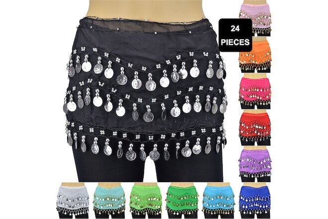 24 PCs Belly Dance Skirt Scarf Hip Wrap Belt Wholesale Low Price Chiffon Coins