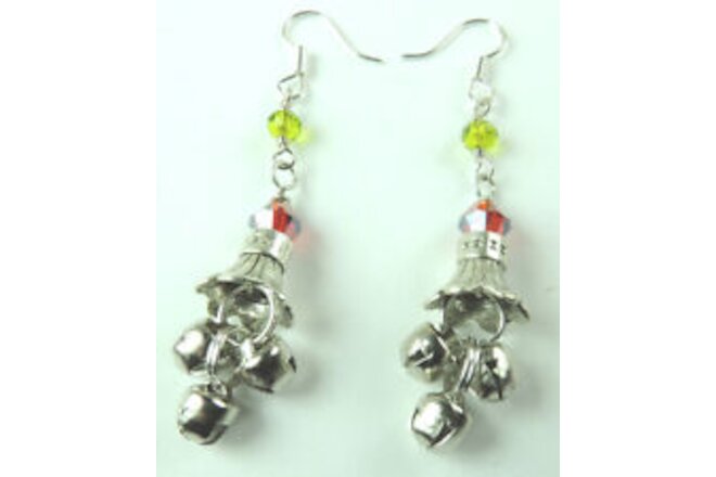 CHRISTMAS Jingle Bell Earrings with Red & Green Crystal Handcrafted