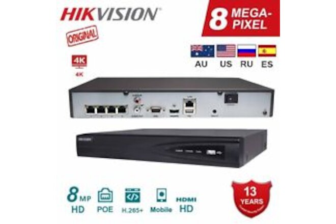 Original Hikvision 4CH PoE 4K 8MP NVR DS-7604NI-K1/4P Network Video Recorder