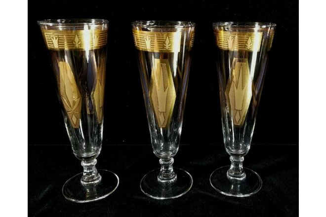 Lot Of 3 Midcentury Modern Gilded Pilsner Or Champagne Flutes 8 1/4" Tall NrMINT