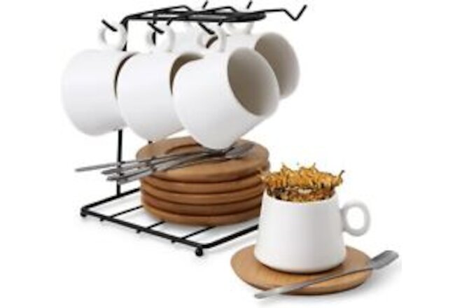 Espresso Cup and Saucer Set of 6 With Holder Coffee Porcelain White