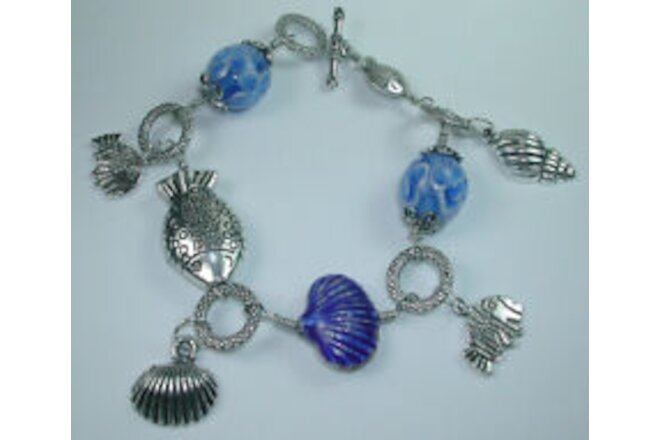 Charm Lampwork Bracelet with Cloisonne Shell Fishes Sealife Handcrafted