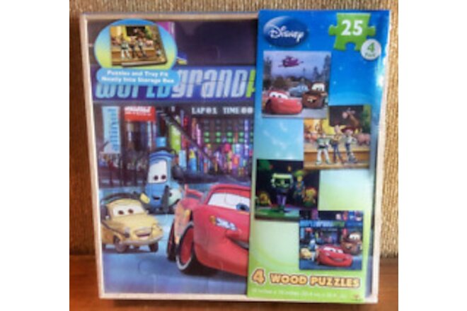 Disney 4 Wooden Puzzles Storage Box Cars & Toy Story Cardinal Hasbro 2010