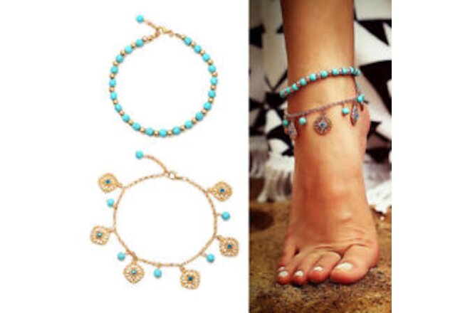 2 Sets Barefoot Jewelry Retro Anklet Vintage Wristband Bracelet Moon Star Anklet