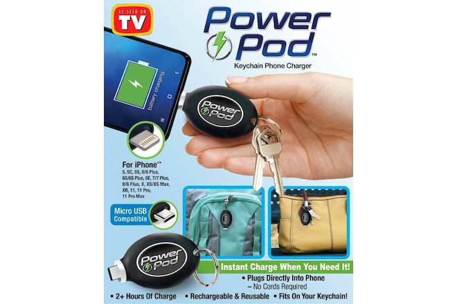 NIB   Power Pod Emergency Keychain Phone Charger for IPhone / Apple