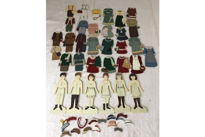 Vtg Wooden Paper Doll Boy Girl Clothing Magnetic Pilgrims Victorian 49 pc Lot