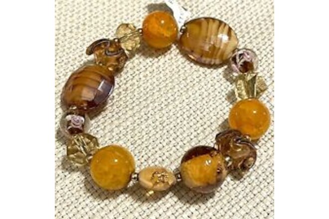 Murano Glass Beads Stretch Bracelet Citrine Orange Gold Tones NWT Vintage