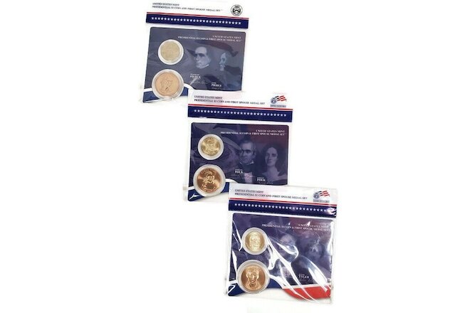 Lot of 3 Presidential $1 Coin and First Spouse Medal Sets - Tyler, Polk, Pierce