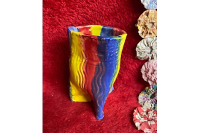 Handmade Pottery Small Vase Textured Red Yellow Blue Stripes w Tri-Leg