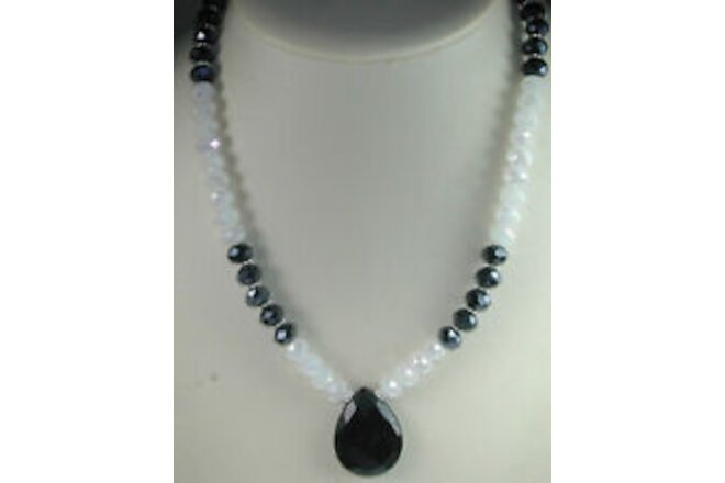 Black & Frosted White Crystal Necklace with Onyx Teardrop Handmade