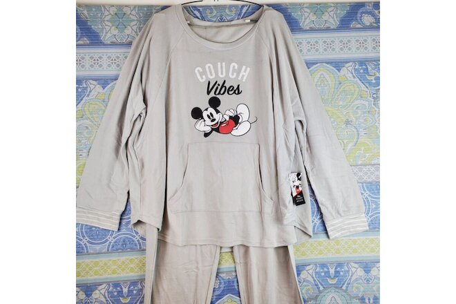 Disney LS Top & Jogger Pajama 2PC Set Women Plus 3X (22W-24W) Gray Mickey Mouse