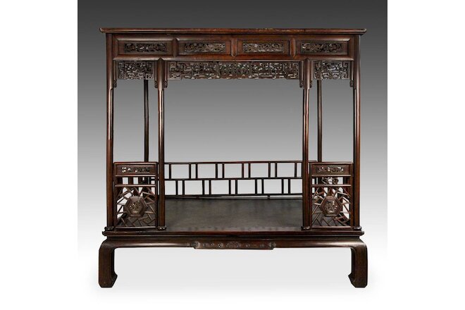 RARE ANTIQUE CHINESE CANOPY BED CARVED HARDWOOD FURNITURE CHINA 19TH C.