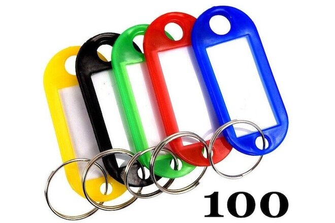 100 Pcs Plastic Key Tags Luggage Fobs ID Card Name Label Keychain W/ Split Rings