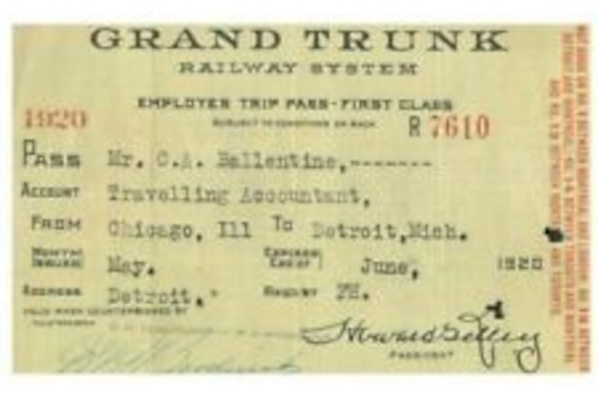 PASS 1920  Grand Trunk  Railway  Employee Trip Pass  Paper  C.A. Ballentine