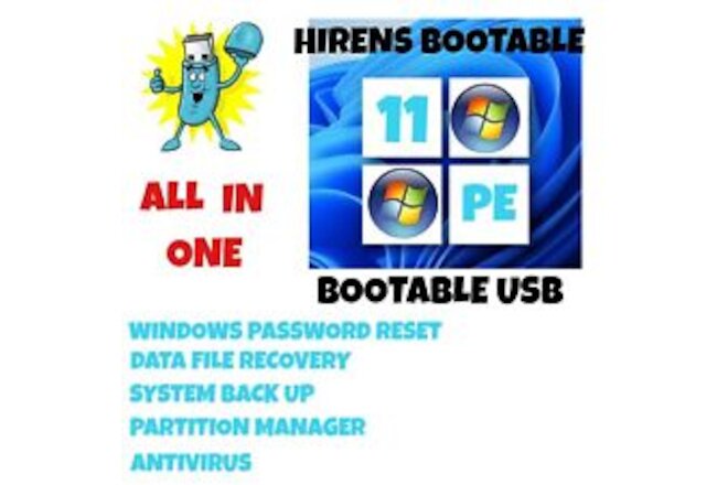 Hiren's 2024 Boot USB PC Utilities, Windows Password Reset, Toolkit, 80 Apps.